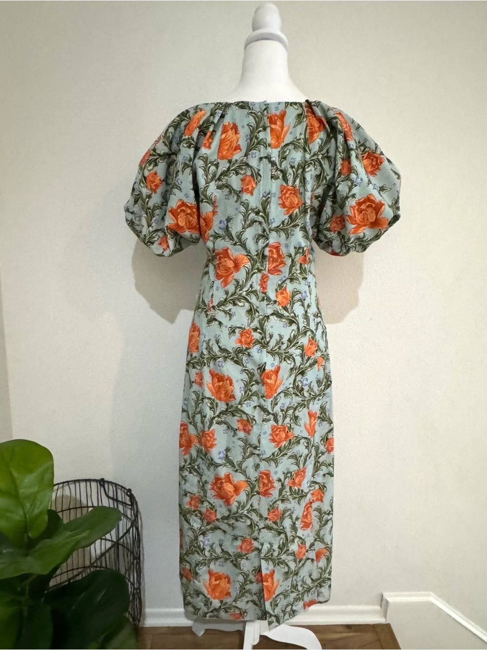 Agua Bendita Orange Floral Ruched Midi Dress on Light Blue - Picture 3 of 6